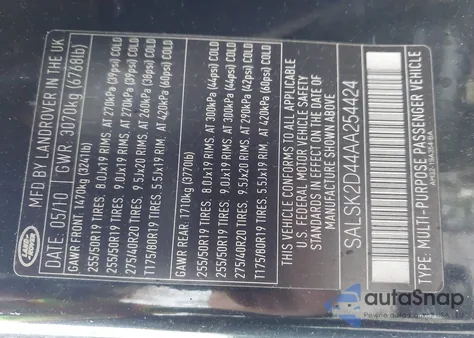 2010 Land Rover Range Rover Sport Hse from USA, damaged, VIN SALSK2D44AA254424